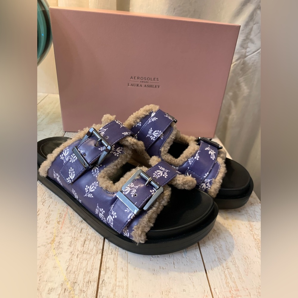 NEW in box,  Aerosoles Aware x Laura Ashley purple 
two-strap sandals,